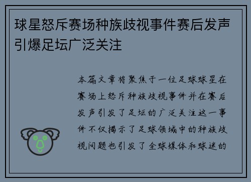 球星怒斥赛场种族歧视事件赛后发声引爆足坛广泛关注