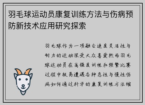 羽毛球运动员康复训练方法与伤病预防新技术应用研究探索