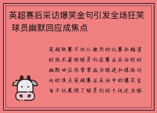英超赛后采访爆笑金句引发全场狂笑 球员幽默回应成焦点 英超赛后采访爆笑金句引发全场狂笑 球员幽默回应成焦点